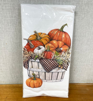 Pumpkins in Basket Flour Sack Kitchen Towel